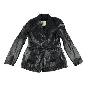 Berman's Womens Black Leather Pockets Long‎ Sleeve Belted Jacket Size 16